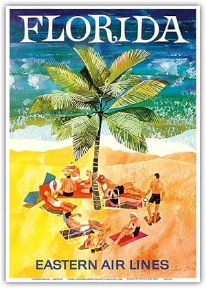 Florida - Eastern Air Lines - Sunbathers around Palm Tree - Pôster vintage de viagem aérea por Jane Oliver c. 1960 - Impressão artística mestre 25,4 cm x 35,56 cm por Papel — capa do álbum