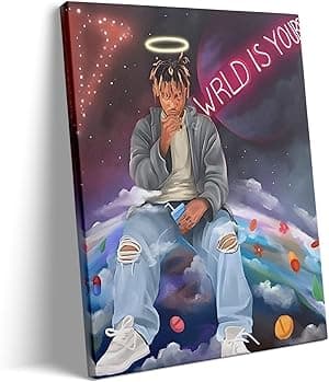 Juice WRLD Canvas Wall Art Decor - Arte vibrante de homenagem ao rapper com halo e neon "WRLD is Yours", pôster inspirado na música para decoração de quarto ou estúdio 28 x 35 cm por Lona — capa do álbum