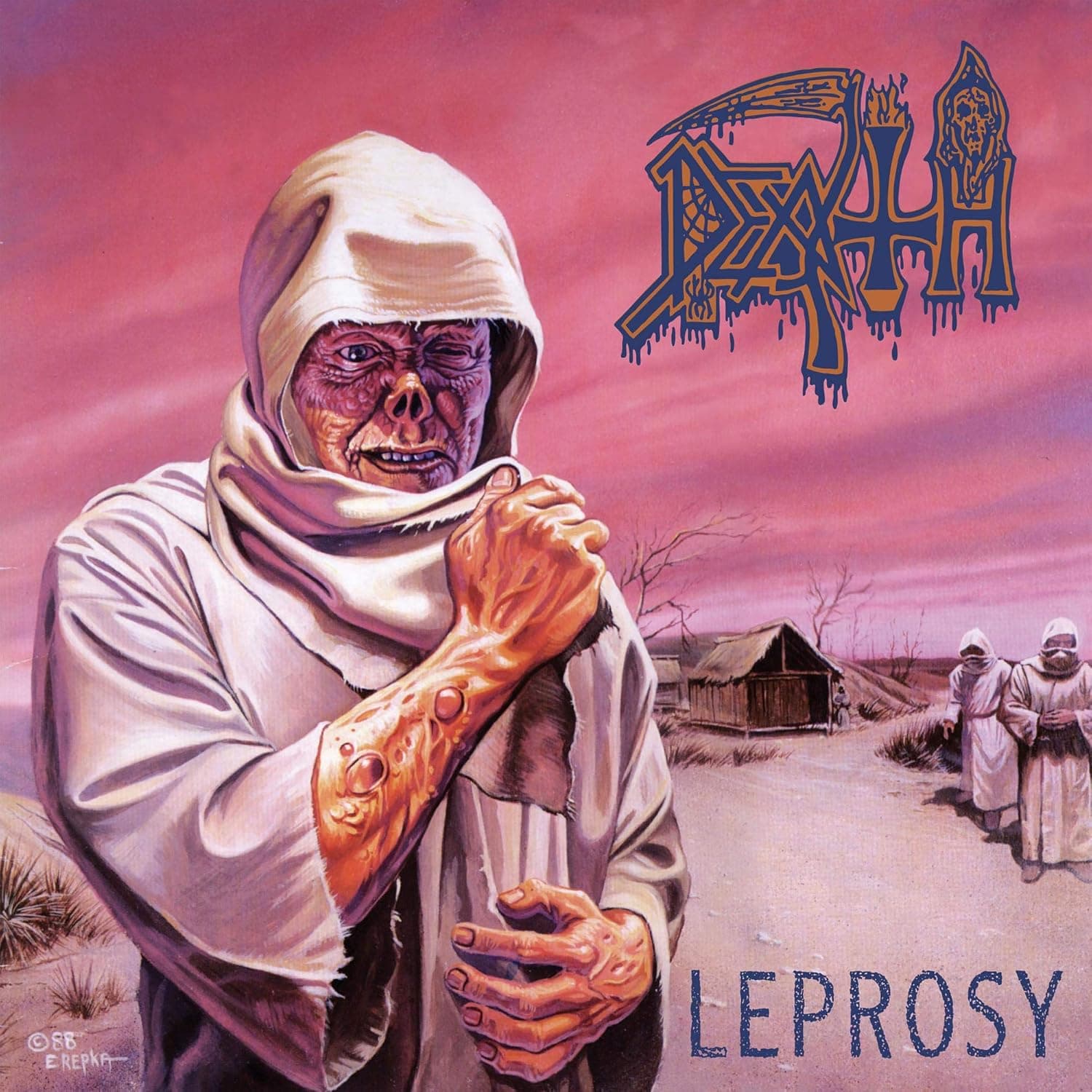 LEPROSY REISSUE (HOT PINK, BONE WHITE & BLUE JAY TRI colour MERGE WITH SPLATTER VINYL) por Death — capa do álbum