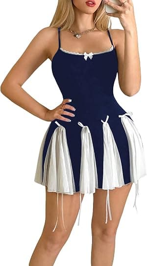 Vestido feminino Y2K com laço cruzado cruzado frente única vestido Cami de renda colorblock por Verdusa — capa do álbum