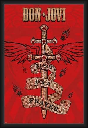 BUY ART FOR LESS Pôster emoldurado oficialmente licenciado Bon Jovi - Livin on a Prayer - 61 x 91 cm - Moldura de madeira projetada resistente com vidro plexi - Pronto para pendurar por Artista não identificado — capa do álbum