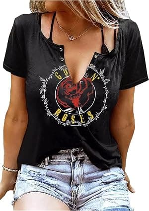 Guns N' Roses Camisa de caveira para mulheres vintage esqueleto gráfico música rock camisetas manga curta gola V camiseta tops por Artista não identificado — capa do álbum