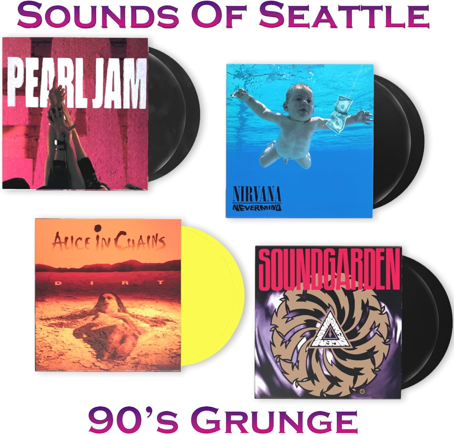 Grunge Sounds Of Seattle Vinyl Collection: Pearl Jam - Ten / Alice In Chains - Dirt / Nirvana - Nevermind / Soundgarden - Badmotorfinger por Nirvana, Soundgarden, Alice in Chains Pearl Jam — capa do álbum