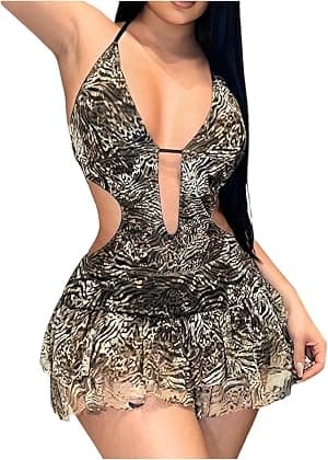 Vestido feminino Y2K com laço de leopardo frente única frente única recortado com babados em camadas vestido para noite por Verdusa — capa do álbum