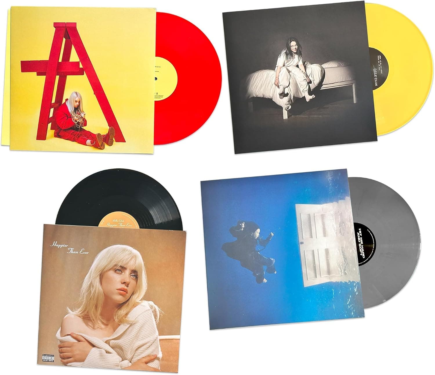 Billie Eilish Complete Vinyl Color Discography Collection: Don't Smile At Me (Red) / When We All Fall Asleep, Where Do We Go? (Yellow) / Happier Than Ever / Hit Me Hard and Soft (Grey) por Billie Eilish — capa do álbum