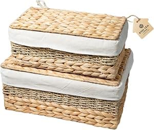 Cestas de armazenamento de vime com tampa e forro, alças de transporte embutidas, conjunto de 2 cestas de armazenamento de jacinto de água tecidas à mão para organização, decoração de por Artista não identificado — capa do álbum