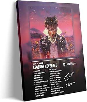 Juice WRLD Canvas Wall Art Decor - Pôster de capa de álbum Legends Never Die, fundo do sol com Juice WRLD, arte de parede em tela de música rap para fãs, decoração de quarto ou estúdio 20 x 25 cm por Lona — capa do álbum