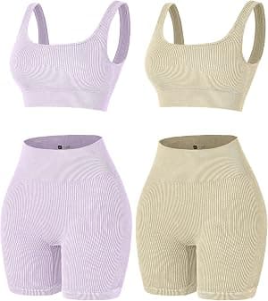 Conjunto de 4 peças de treino feminino sem costura canelado cintura alta shorts de ioga com sutiã esportivo por Artista não identificado — capa do álbum