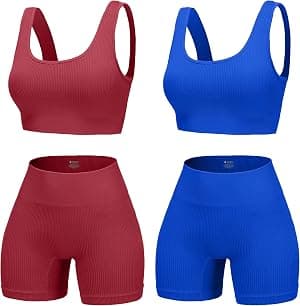 Conjunto de 4 peças de treino feminino sem costura canelado cintura alta shorts de ioga com sutiã esportivo por Artista não identificado — capa do álbum