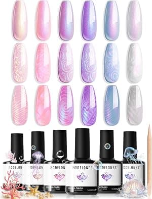 Esmalte em gel Modelones, 6 cores, brilhante, pérola, branco, rosa, roxo, desenho de sereia, esmalte em gel com glitter e caneta pontilhada, efeito de fio de concha, manicure de verão, presente faça você mesmo por Gel — capa do álbum