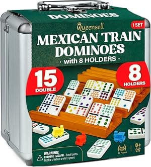 Queensell Mexican Train Dominoes Set Double 15 with 8 Holders - Wooden Hub and Tiles Holders - Double 15 with Dots (D15 + 8 Holders) por Artista não identificado — capa do álbum